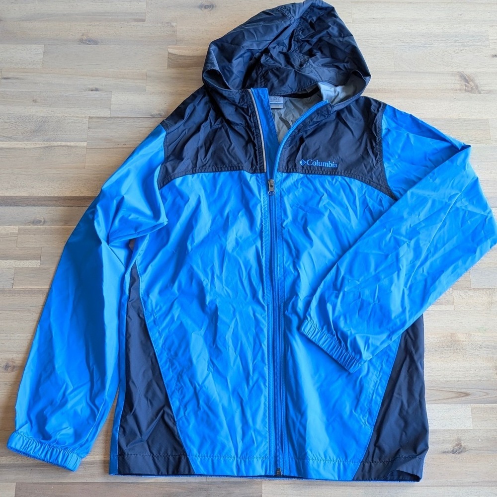 Columbia Large Blue Navy Full Zip Hooded Windbreaker Jacket Youth Size Large‎